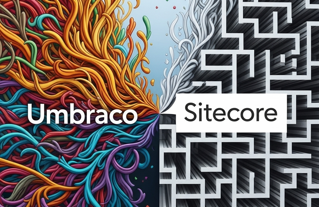 A graphic comparing the Umbraco and Sitecore logos